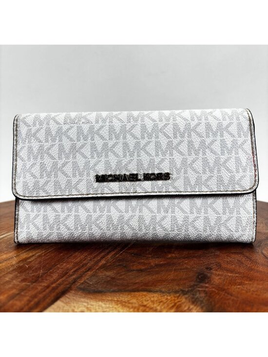 Michael Kors Handbags - Michael Kors Jet Set Travel Large Trifold Wallet Monogram Logo PVC Grey White